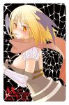  1girl 2009 armor assassin_cross_(ragnarok_online) black_gloves black_leotard black_wings blonde_hair blush border breasts closed_mouth commentary_request demon_wings elbow_gloves fingerless_gloves gloves head_wings large_breasts leotard looking_at_viewer looking_to_the_side nipple_slip nipples orange_eyes pauldrons ragnarok_online short_hair shoulder_armor silk solo spider_web tachibana_sakuya_(matsurika) tongue tongue_out upper_body vambraces white_border wings 