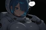  1girl absurdres blue_eyes blue_hair breasts giant giantess highres huge_breasts large_breasts non-web_source open_mouth sad short_hair solo space spacesuit 