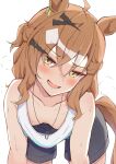  1girl ahoge all_fours animal_ears black_shorts blush breasts cleavage collarbone commentary_request downblouse hair_ornament hairclip highres himuraanzu horse_ears horse_girl horse_tail jewelry jungle_pocket_(umamusume) open_mouth pendant shirt shorts simple_background small_breasts smile solo tail umamusume white_background white_shirt yellow_eyes 
