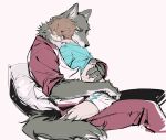  2boys aoba_johsai_volleyball_uniform brown_hair claws closed_eyes closed_mouth clothes_lift commentary fandangyu feet_out_of_frame furrification furry furry_male haikyuu!! hand_in_another&#039;s_pants hand_on_another&#039;s_back hashtag-only_commentary highres interspecies male_focus multiple_boys oikawa_tooru_(haikyuu!!) pants parted_bangs pillow purple_pants shirt_lift short_hair shorts simple_background sitting sitting_on_lap sitting_on_person sleeves_rolled_up striped_clothes striped_shorts ushijima_wakatoshi vertical-striped_clothes vertical-striped_shorts white_background wolf_boy yaoi 