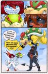absurd_res anthro black_body blue_eyes bowser bowser_jr. brown_hair clothed clothing comic cosplay dialogue diana_za_warudo_(genozawarudo) english_text father_(lore) father_and_child_(lore) female generation_2_pokemon generation_5_pokemon geno_za_warudo group hair hi_res horn houndoom humor iefcuadricula legendary_pokemon looking_at_another male mario_bros muscular muscular_female negotiations nintendo parent_(lore) parent_and_child_(lore) pokemon pokemon_(species) red_eyes skimpy text toothy_smile victini white_body wings yellow_body