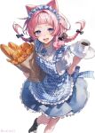 1girl :d alternate_costume animal_ears animal_on_shoulder apron arched_bangs back_bow bag baguette black_bow blue_apron blue_flower blue_headdress blue_skirt blush bow braid bread breasts character-themed_food churro collared_shirt commentary_request croissant cup dress enmaided floating_hair flower food foot_out_of_frame frilled_apron frilled_skirt frills gingham gingham_apron hair_bow highres higuchi_kaede holding holding_bag holding_tray hoshikawa_sara kanae_(nijisanji) kemonomimi_mode knees_together_feet_apart leos_vincent long_hair looking_at_viewer maid maid_headdress nanajigen_seitokai_(nijisanji) nijisanji nijisanji_gta open_mouth oumiomi pink_hair puffy_short_sleeves puffy_sleeves purple_eyes rabbit ryuushen saegusa_akina saucer shirt short_sleeves simple_background skirt small_breasts smile solo standing suo_sango teacup teeth tray twin_braids twitter_username upper_teeth_only virtual_youtuber white_background white_shirt 