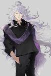  1boy ;) black_pants black_shirt chinese_commentary collared_shirt commentary_request fate/grand_order fate_(series) feet_out_of_frame grey_background hand_in_pocket highres laver_(1090792977) long_hair looking_at_viewer male_focus merlin_(camelot_&amp;_co)_(fate) merlin_(fate) official_alternate_costume one_eye_closed pants purple_eyes scarf shirt simple_background smile solo teeth very_long_hair white_hair 