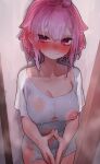  1girl absurdres blush breasts closed_mouth commentary_request commission cowboy_shot dissolving_clothes ekrea_jan embarrassed highres large_breasts looking_at_viewer medium_hair monster_girl naked_shirt nipples nose_blush original pink_eyes pink_hair shirt skeb_commission slime_girl slime_hair solo steepled_fingers torn_clothes torn_shirt white_shirt 