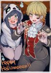  1boy 1girl absurdres akizakura_iori black_hair black_nails blonde_hair blush bow bowtie costume crossdressing fur_trim green_eyes halloween halloween_costume happy_halloween highres ikemen_joshi_to_josou_danshi jack-o&#039;-lantern long_hair long_sleeves nail_polish open_mouth pants reverse_trap rindou_hazuki school_uniform tadd_(tatd) trick_or_treat yellow_eyes 