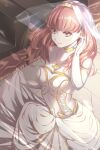  1girl alternate_costume breasts bridal_veil bride carpet celica_(fire_emblem) choker cleavage dress elbow_gloves fire_emblem fire_emblem_echoes:_shadows_of_valentia gloves jewelry long_hair medium_breasts necklace orange_eyes orange_hair pew princess red_eyes red_hair saikuu solo tiara veil wedding wedding_dress white_dress white_gloves 