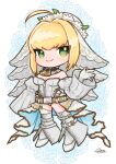  1girl ahoge belt blonde_hair board_game breasts bridal_veil chibi chibi_only cleavage closed_mouth detached_pants detached_sleeves dot_nose fate/grand_order fate_(series) gloves leotard nero_claudius_(bride)_(fate) nero_claudius_(fate) odetooo shogi short_hair solo veil white_gloves white_leotard 