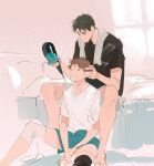 2boys arm_up barefoot bed black_shirt blue_shorts brown_hair closed_eyes collarbone commentary crew_neck drying_another&#039;s_hair fandangyu grin haikyuu!! hair_dryer hand_in_another&#039;s_hair hashtag-only_commentary highres holding holding_hair_dryer knee_up looking_down male_focus multiple_boys oikawa_tooru_(haikyuu!!) pillow shirt short_sleeves shorts sitting smile t-shirt teeth towel towel_around_neck ushijima_wakatoshi white_shirt 