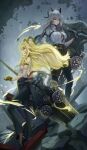  1girl absurdres ahoge armlet bare_shoulders black_gloves black_horns black_jacket black_pants black_shoes black_tail blonde_hair breasts chest_harness closed_mouth commentary curled_horns dual_persona earrings english_commentary gloves greatsword grey_hair hair_between_eyes harness high_heels highres holding holding_pocket_watch holding_shield holding_sword holding_weapon horns jacket jacket_on_shoulders jewelry key_earrings large_breasts long_hair looking_afar looking_at_viewer mole mole_under_eye necktie pants pocket_watch qilinv red_eyes red_necktie shield shirt shirt_tucked_in shoes sideways_glance sword tail tight_clothes tight_pants torn_clothes torn_shirt watch weapon white_shirt wuthering_waves zani_(wuthering_waves) 
