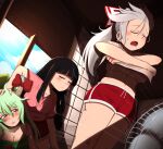  3girls adapted_costume annoyed black_hair blush bow breasts chest_sarashi cleavage closed_eyes cloud cloudykeyz crop_top ex-keine fang fujiwara_no_mokou green_hair hair_bow highres hime_cut horns houraisan_kaguya kamishirasawa_keine large_breasts long_hair multiple_girls open_mouth pants pink_shirt red_eyes red_shorts sarashi shirt short_shorts short_sleeves shorts sky smile sweat sweatdrop touhou tree white_hair white_shirt 