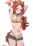  1girl armpits arms_behind_head arms_up bare_shoulders bikini blue_archive blue_shorts blush bow_(bhp) breasts cowboy_shot denim denim_shorts dragon_girl dragon_tail hairband halo highleg highres horns long_hair looking_at_viewer navel o-ring official_alternate_costume red_eyes red_hair red_halo renge_(blue_archive) renge_(swimsuit)_(blue_archive) shorts simple_background single_horn small_breasts solo swimsuit tail white_background 