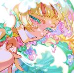  1girl ^_^ artist_name asymmetrical_bangs bare_shoulders blonde_hair blunt_bangs closed_eyes colored_eyelashes commentary_request english_commentary floating_hair grin hand_on_own_knee happy highres mixed-language_commentary nail_polish ocean original pink_nails smile solo translation_request upper_body yoneyama_mai 