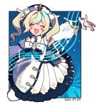  1girl barbara_(genshin_impact) blonde_hair book bow closed_eyes commentary_request dated detached_sleeves dress drill_hair facing_viewer genshin_impact hat highres mochi_(buchumi10) musical_note open_mouth outstretched_arms pantyhose solo twin_drills twintails vision_(genshin_impact) white_dress white_hat white_pantyhose white_sleeves 