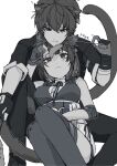  1boy 1girl animal_ear_fluff animal_ears cat_boy cat_ears cat_girl cat_tail cat_teaser commentary dual_persona elbow_pads facing_viewer female_rover_(wuthering_waves) gloves greyscale highres holding_cat_teaser jacket kemonomimi_mode leaning_on_person male_rover_(wuthering_waves) monochrome nekomu_10 pants partially_fingerless_gloves rover_(wuthering_waves) tail thighhighs wuthering_waves 
