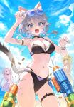  3girls aglaea_(honkai:_star_rail) alternate_costume animal_ear_fluff animal_ears armpits bare_shoulders bikini black_bikini blonde_hair blue_eyes blue_nails blue_sky bow breasts castorice_(honkai:_star_rail) cat_ears cat_girl cat_tail cipher_(honkai:_star_rail) cleavage cloud cloudy_sky commentary eyewear_on_head fang grey_hair hair_bow heart heart-shaped_eyewear highres honkai:_star_rail honkai_(series) large_breasts looking_at_viewer miho_(mymiho) mole mole_on_breast multicolored_nails multiple_girls navel open_mouth outdoors purple_hair sky stomach sunglasses swimsuit tail thigh_strap white_bow yellow_nails 