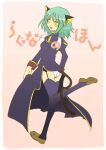  1girl 2000s_(style) animal_ears ass bad_id blush brown_shoes cat_ears cat_girl cat_tail cover cover_page cross cross_necklace doujin_cover dress full_body garter_straps green_hair jewelry juliet_sleeves loafers long_sleeves looking_at_viewer lowres necklace open_mouth panties pink_background priest_(ragnarok_online) puffy_sleeves purple_dress purple_thighhighs ragnarok_online shoes short_hair side_slit smile solo tachibana_sakuya_(matsurika) tail thighhighs underwear walking white_panties yellow_eyes 