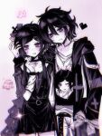 1boy 1girl :3 aegyo_sal ahoge alternate_costume alternate_eye_color andrew_graves anmo418 arm_warmers ashley_graves barbed_wire belt black_belt black_bow black_choker black_coat black_dress black_hair blue_eyes blush bow brother_and_sister character_print cheek_piercing choker chromatic_aberration closed_mouth coat collarbone colored_skin cowboy_shot cross cross_print cross_tattoo dress empty_eyes face_piercing fang film_grain fingerless_gloves fingernails gloves hair_bow hair_tie hand_in_pocket hand_on_another&#039;s_head hand_tattoo hand_up hashtag-only_commentary heart highres hood hood_down hooded_coat index_finger_raised jacket jewelry long_sleeves looking_at_viewer low_side_ponytail medium_hair necklace open_clothes open_jacket pants piercing pink_eyes pixel_art_inset ringed_eyes shirt short_hair siblings side_ponytail single_arm_warmer standing tattoo the_coffin_of_andy_and_leyley tongue tongue_out venus_symbol white_arm_warmers white_pants white_shirt white_skin 