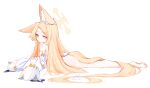  1girl absurdres animal_ears ass bare_legs barefoot blue_archive bright_pupils closed_mouth commentary detached_sleeves diamond-shaped_pupils diamond_(shape) dot_mouth forehead fox_ears fox_girl gradient_eyes halo highres light_blush long_hair looking_at_viewer lying multicolored_eyes nude on_stomach orange_eyes parted_bangs ribbon seia_(blue_archive) simple_background solo sonn_er symbol-shaped_pupils tail tail_ornament tail_ribbon toes very_long_hair white_background white_pupils white_ribbon wide_sleeves yellow_eyes yellow_ribbon 