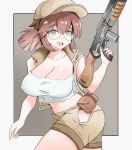  1girl bare_arms bare_shoulders border breasts brown_background brown_eyes brown_hair brown_hat brown_shorts brown_vest cleavage collarbone commentary cowboy_shot crop_top fio_germi glasses gun hat hatzuhatzu highres hip_vent holding holding_gun holding_weapon large_breasts machine_gun medium_hair metal_slug midriff navel open_clothes open_fly open_mouth open_vest outside_border round_eyewear shorts smile solo tank_top teeth trigger_discipline upper_teeth_only vest weapon white_border white_tank_top 