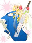  1girl 2000s_(style) 2002 artist_name back_bow bad_id blonde_hair blue_bow blue_dress blue_gloves blush bow bridal_veil character_request copyright_request dress elbow_gloves flower full_body gloves greatsword green_eyes hair_flower hair_ornament long_hair looking_at_viewer looking_back lowres open_mouth red_flower red_rose rose shoes skirt_hold smile solo standing strapless strapless_dress sword sword_on_back tachibana_sakuya_(matsurika) veil weapon weapon_on_back wedding_dress white_shoes 