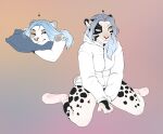 angry anthro black_spots blue_eyes blue_hair breasts bust_portrait clothed clothing colored digital_media_(artwork) duo ear_piercing felid female flat_colors footwear frown full-length_portrait fur grey_markings hair hi_res hoodie horn hybrid kneeling long_hair lying mammal markings nebula_(smu) on_front pantherine pantsless piercing pillow pink_eyes portrait simple_background smileeeeeee socks spots spotted_body spotted_fur sun_(smu) tail topwear white_body white_clothing white_fur white_hoodie white_topwear