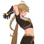  1boy aether_(genshin_impact) ahoge armor arms_behind_head arms_up artist_name belt black_gloves black_pants black_shirt blonde_hair braid brown_belt cowboy_shot cutiechiaki1 english_commentary gauntlets genshin_impact gloves gold_trim hair_between_eyes hair_ornament highres long_hair looking_to_the_side low-braided_long_hair low-tied_long_hair male_focus midriff pants scarf shirt short_sleeves shoulder_armor simple_background solo standing teeth white_background white_scarf yellow_eyes 