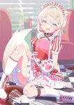  1girl absurdres after_sex alternate_costume animal_collar animal_ear_fluff animal_ears arm_support bag bandaid bandaid_hair_ornament bandaid_on_knee bandaid_on_leg belt_collar blonde_hair blue_eyes blush boots breasts buttons checkered_floor clumsy collar commentary_request criss-cross_halter crossed_bangs crying crying_with_eyes_open diner dog_ears dog_girl dog_tail double-breasted double-parted_bangs fang full_body hair_between_eyes hair_intakes hair_ornament halterneck handbag high-waist_skirt highres hinata_hirune hololive hololive_english indoors kneehighs legwear_garter looking_at_viewer maid_headdress mococo_abyssgard multicolored_hair pink_hair red_skirt roller_skates short_hair signature skates skin_fang skirt small_breasts socks soda_bottle solo spill streaked_hair striped_clothes striped_skirt tail tearing_up tears two_side_up underbust vertical-striped_clothes vertical-striped_skirt vertical-striped_sleeves virtual_youtuber waitress white_boots white_skirt white_socks x_hair_ornament 