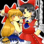  2girls ascot black_background black_hair blue_ascot bow brown_horns chain cuffs frilled_bow frilled_hair_tubes frills gohei hair_bow hair_tubes hakurei_reimu hand_on_another&#039;s_head hand_on_another&#039;s_shoulder horn_ornament horns ibuki_suika looking_at_viewer lowres mo-musu multiple_girls oni orange_eyes orange_hair outline red_bow red_skirt ribbon_trim single_horn skirt skirt_set torn_clothes torn_sleeves touhou white_outline 