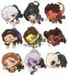  4girls 5girls astarion baldur&#039;s_gate baldur&#039;s_gate_3 black_hair brown_hair chibi chibi_only colored_skin demon_girl demon_horns demon_tail dragonborn_(d&amp;d) dungeons_&amp;_dragons elf full_body gale_(baldur&#039;s_gate) gith_(d&amp;d) green_eyes green_skin halsin heart highres holding holding_sword holding_weapon horns karlach lae&#039;zel looking_at_viewer minthara multiple_girls open_mouth orange_eyes pointy_ears red_eyes red_skin sample_watermark shadowheart_(baldur&#039;s_gate) short_hair simple_bird smile sword tail the_dark_urge_(baldur&#039;s_gate) tiefling watermark weapon white_background white_eyes white_hair wyll_(baldur&#039;s_gate) yellow_eyes yy20251111 