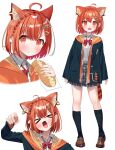  &gt;_&lt; 1girl :d :t ahoge animal_ear_fluff arm_up black_jacket black_socks blush bow braid bread brown_shoes clenched_hand closed_eyes closed_mouth collared_shirt commentary_request crown_braid drawstring dress_shirt ear_piercing eating food food_on_face grey_skirt hair_between_eyes hair_ornament head_tilt highres holding holding_food hood hood_down hooded_jacket jacket k_mugura loafers long_sleeves multiple_views nijisanji open_clothes open_jacket orange_eyes orange_hair orange_jacket piercing plaid_clothes plaid_skirt pleated_skirt ratna_petit red_bow red_panda_ears red_panda_girl red_panda_tail school_uniform shirt shoes simple_background skirt sleeves_past_wrists smile socks striped_tail tail v-shaped_eyebrows virtual_youtuber white_background white_shirt xd 
