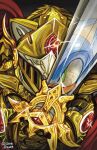  1boy armor artist_name blue_fur cape english_commentary excalibur_(sonic) excalibur_sonic forehead_jewel full_armor furry furry_male gem gold_armor green_eyes hedgehog_boy highres red_cape red_gemstone solo sonic_(series) sonic_and_the_black_knight sonic_the_hedgehog soren_drawen sword weapon 