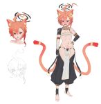  1girl absurdres alternate_costume animal_ear_fluff animal_ears bikini black_gloves black_leggings black_socks blue_archive braid cat_ears cat_girl cat_tail detached_collar fingerless_gloves gloves hair_between_eyes hand_on_own_hip highres leggings looking_at_viewer navel neru_(blue_archive) pelvic_curtain pubic_tattoo red_eyes red_hair short_hair single_braid socks solo stirrup_footwear stomach swimsuit tail tattoo weiiew white_bikini yellow_collar 