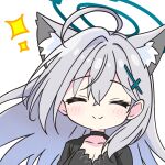  1girl ahoge animal_ear_fluff animal_ears black_choker black_dress blue_archive blush breasts choker cleavage closed_eyes closed_mouth commentary_request cross_hair_ornament dress extra_ears facing_viewer green_halo grey_hair hair_between_eyes hair_ornament halo highres kotatsu-mazoku long_hair portrait shiroko_(blue_archive) shiroko_terror_(blue_archive) simple_background smile solo sparkle white_background wolf_ears 