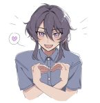  1boy :d ahoge blue_shirt blush casual collared_shirt cropped_torso ensemble_stars! hair_between_eyes hair_intakes heart heart_arms highres kanzaki_souma long_hair looking_at_viewer male_focus open_mouth ponytail purple_eyes purple_hair shirt short_sleeves shout_lines sidelocks simple_background smile solo spoken_heart white_background whiten_wolf wing_collar 