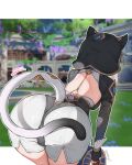  1girl absurdres animal_ears animal_hood ass backless_leotard bent_over black_gloves black_hood black_leotard breasts cat_ears cat_girl cat_hood cat_tail cipher_(honkai:_star_rail) from_behind game_screenshot_background gloves grey_hair highres holding honkai:_star_rail honkai_(series) hood hooded_leotard large_breasts leotard letterboxed outline outside_border screenshot_background shorts solo tail vincent_leo white_outline white_shorts 