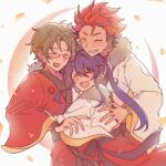  3boys :d akatsuki_(ensemble_stars!) backlighting black_hair blush bow closed_eyes commentary confetti cowboy_shot crescent curtained_hair earrings ensemble_stars! fur_shawl glasses green_hair grey-framed_eyewear grin hair_between_eyes hair_intakes hair_ribbon hair_slicked_back hasumi_keito head_on_head head_rest heads_together highres hug idol japanese_clothes jewelry kanzaki_souma kimono kiryu_kuro long_hair male_focus multicolored_hair multiple_boys multiple_earrings obi parted_bangs ponytail purple_hair red_hair red_kimono red_ribbon ribbon sash sayagata scarf scarf_bow shawl short_hair sidelocks sleeve_rolled_up smile spiked_hair streaked_hair two-tone_kimono v-shaped_eyebrows white_background white_kimono whiten_wolf wide_sleeves wrist_wrap 