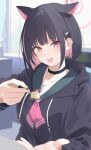  1girl :d animal_ears black_choker black_hair black_hoodie blue_archive blunt_bangs blunt_ends blurry blurry_background blush bob_cut cake cake_slice cat_choker cat_ears cat_girl choker collarbone colored_inner_hair commentary_request extra_ears food green_sailor_collar hair_ornament hairclip halo hand_up happy highres holding holding_spoon hood hood_down hoodie incoming_food indoors kazusa_(blue_archive) kimuratamashi long_sleeves looking_at_viewer multicolored_hair open_mouth pink_hair pink_halo raised_inner_eyebrows red_eyes sailor_collar school_uniform serafuku short_hair smile solo spoon straight_hair teeth two-tone_hair upper_body upper_teeth_only 
