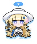  1girl animalization black_bow black_gloves black_horns blonde_hair blue_eyes blue_sash bow bright_pupils chibi chibi_only closed_mouth commentary curled_horns dog-san gloves hair_bow hat heart highres holding horns long_hair long_sleeves looking_at_viewer phoebe_(wuthering_waves) sash shirt simple_background smile solo spoken_heart straight-on symbol-only_commentary white_background white_hat white_pupils white_shirt wuthering_waves zani_(wuthering_waves) 