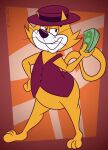 2024 anthro artist_name banknote black_eyes black_nose butt clothing digital_media_(artwork) domestic_cat felid feline felis fur gavanzude half-closed_eyes hand_on_hip hand_on_own_hip hanna-barbera hat headgear headwear hi_res holding_money holding_object male mammal money multicolored_body multicolored_fur narrowed_eyes pose purple_clothing purple_hat purple_headwear purple_topwear purple_vest smile solo standing tail teeth text top_cat top_cat_(series) topwear two_tone_body two_tone_fur two_tone_hat vest whiskers white_body white_fur yellow_body yellow_ears yellow_fur yellow_tail