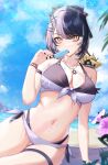  1girl absurdres arm_strap ass_visible_through_thighs beach bikini black_bikini black_hair black_nails blue_sky breasts cleavage cloud commentary creature creature_on_shoulder day english_commentary flower food food_in_mouth front-tie_bikini_top front-tie_top grey_bikini grey_hair higeji_(higeji404) highleg highleg_bikini highres holding holding_food holding_popsicle hololive hololive_english jewelry large_breasts looking_at_viewer multicolored_bikini multicolored_hair nail_polish navel necklace on_shoulder outdoors ponytail popsicle popsicle_in_mouth shiori_novella side-tie_bikini_bottom sitting sky solo split-color_hair stomach swept_bangs swimsuit two-tone_bikini virtual_youtuber yellow_eyes yokozuwari yorick_(shiori_novella) 