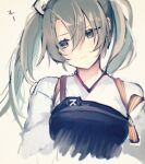  1girl blush closed_mouth commentary_request cropped_torso green_hair grey_background hair_between_eyes hair_ribbon japanese_clothes kantai_collection kimono kouga_(mutsumi) long_hair muneate ribbon simple_background sketch solo tasuki twintails upper_body white_kimono white_ribbon zuikaku_(kancolle) 