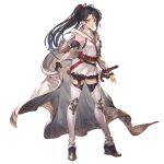  1girl arrow_(projectile) black_hair blue_eyes bow_(weapon) breasts cape cape_hold closed_mouth detached_sleeves full_body granblue_fantasy long_hair looking_at_viewer minaba_hideo official_art pants ponytail quiver shirt shitori_(granblue_fantasy) simple_background small_breasts solo sword transparent_background weapon white_shirt 