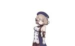  &gt;:( 1girl azur_lane bare_shoulders beret blue_dress blue_hat blush bodysuit bodysuit_under_clothes bow breasts brown_bodysuit brown_hair brown_sleeves closed_mouth detached_sleeves dress gloves grey_gloves hair_bow hat hat_bow highres light_frown long_sleeves looking_to_the_side medium_breasts purple_eyes rock_zinc simple_background sleeveless sleeveless_dress solo striped_bow v-shaped_eyebrows white_background white_bow z23_(azur_lane) 