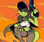 2021 anthro belt bottomwear breasts clothed clothed_anthro clothed_female clothing cloud crop_top day female female_anthro fingerless_gloves fingers front_view gloves green_body green_tail gun hair handgun handwear hat headgear headwear hi_res holding_gun holding_handgun holding_object holding_ranged_weapon holding_revolver holding_weapon jdoe_p lizard midriff mouth_closed non-mammal_breasts orange_sky outside pants portrait ranged_weapon reptile revolver scalie shirt sky smile snaggle_teeth solo sombrero tail three-quarter_portrait three-quarter_view toothpick topwear weapon white_clothing white_crop_top white_topwear yellow_sclera