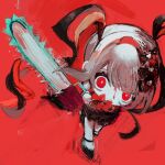  1girl black_hair black_serafuku blood_from_forehead blunt_bangs bow bright_pupils canvas_texture chainsaw chibi chibi_only chouzetsusaikawa_tenshi-chan chouzetsusaikawa_tenshi-chan_(dark_angel) crazy_eyes frown full_body hair_bow highres holding holding_chainsaw looking_at_viewer multiple_hair_bows naishukketsukata needy_girl_overdose quad_tails red_background red_eyes red_hair school_uniform serafuku sidelocks solo walking walking_towards_viewer white_hair white_pupils 
