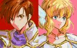  1boy 1girl armor blonde_hair blue_eyes bob_cut breastplate brown_eyes brown_hair collarbone edaori fire_emblem fire_emblem:_genealogy_of_the_holy_war fire_emblem:_thracia_776 hair_between_eyes high_collar highres jewelry leif_(fire_emblem) looking_at_viewer looking_to_the_side nanna_(fire_emblem) open_mouth pauldrons pink_background portrait purple_shirt red_background scale_armor shirt short_hair shoulder_armor side_part sidelocks smile turtleneck turtleneck_shirt v-shaped_eyebrows white_armor winged_hair_ornament 