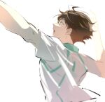  1boy aoba_johsai_volleyball_uniform arms_up brown_eyes brown_hair collared_shirt commentary fandangyu haikyuu!! hashtag-only_commentary highres male_focus oikawa_tooru_(haikyuu!!) open_mouth outstretched_arm parted_bangs profile shirt short_hair short_sleeves simple_background solo sportswear teeth upper_body volleyball_uniform white_background 