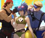  00a3af_231 1girl 2boys bandana black_panties blonde_hair blue_eyes blue_hair blue_shirt breasts clark_still cleavage earrings eyewear_on_head food green_eyes highres holding holding_food holding_popsicle ikari_warriors jewelry leona_heidern medium_breasts multiple_boys muscular muscular_male panties popsicle ralf_jones red_bandana shirt sunglasses swimsuit the_king_of_fighters triangle_earrings underwear 