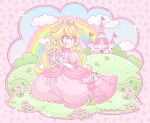  1girl artist_name blonde_hair border bug bush butterfly castle crown day derivative_work dress earrings elbow_gloves flower full_body gloves gold_crown hair_between_eyes happy head_wreath highres hill holding holding_head_wreath jewelry light_blush lipstick long_dress long_hair looking_to_the_side makeup mario_(series) mini_crown open_mouth outdoors outline pastel_colors pink_border pink_dress pink_flower pink_lips princess_peach princess_peach&#039;s_castle puffy_short_sleeves puffy_sleeves rainbow short_sleeves sitting smile solo sparkle sphere_earrings teeth the_rosy_pink_princess tulip turtleneck turtleneck_dress very_long_hair white_butterfly white_flower white_gloves white_outline yokozuwari 
