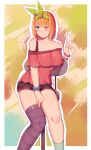  1girl absurdres alternate_costume asymmetrical_legwear bar_stool bare_shoulders black_shorts blue_eyes blush bracelet breasts chinese_commentary cleavage clenched_teeth collarbone commentary_request dated feet_out_of_frame go-toubun_no_hanayome green_ribbon green_socks hair_ribbon hand_up highres jewelry large_breasts looking_at_viewer mismatched_legwear multiple_bracelets nail_polish nakano_yotsuba off-shoulder_shirt off_shoulder one_eye_closed orange_hair purple_thighhighs red_shirt ribbon scrunchie shirt short_hair short_shorts shorts signature single_sock single_thighhigh sitting smile socks solo stool striped_clothes striped_thighhighs teeth thighhighs thighs v vertical-striped_clothes vertical-striped_thighhighs wrist_scrunchie xianyue_liuyu yellow_nails 